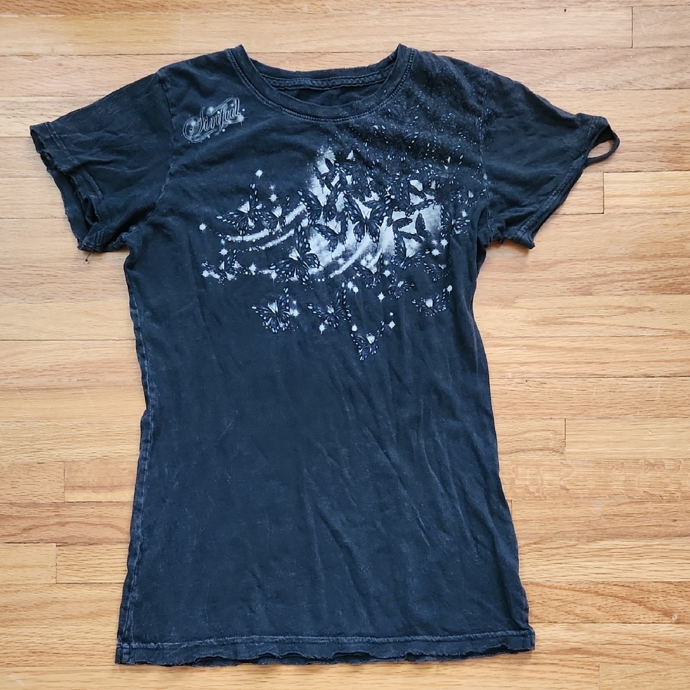Sinful Distressed Burnout Black/grey Tshirt Butterfly Design Size Small